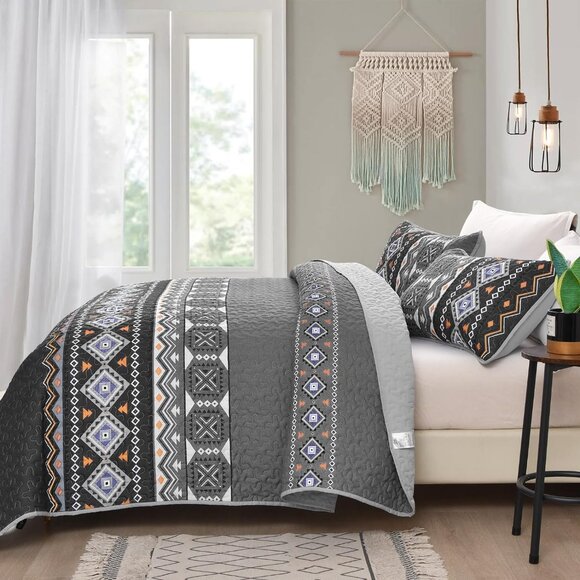 New Boho Aztec Black & Grey 3 PC Bedding 100% Polyester Quilt Set • KING Size - Picture 4 of 6